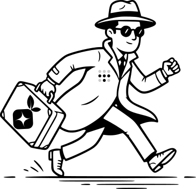 Cartoon spy in trench coat and sunglasses running with a briefcase bearing Pi-hole and Tailscale logos